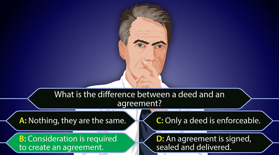 "Who Wants to Be a Millionaire?" game, a man answering a question What is the difference between deed and agreement?