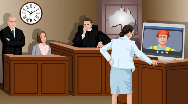 The image shows a scene from the court with the man examination by videoconference