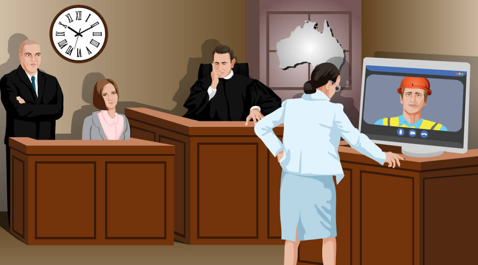 The image shows a scene from the court with the man examination by videoconference