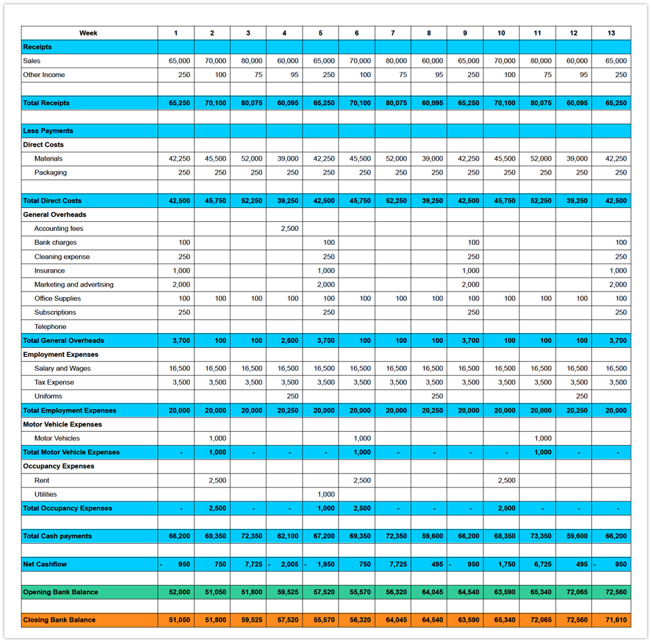 Example 13-week cash flow forecast.  