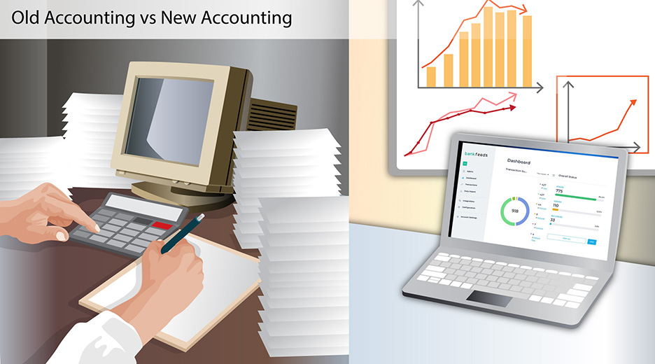 Old style accountant desk, papers and old computer vs new style, desk with laptop and no papers